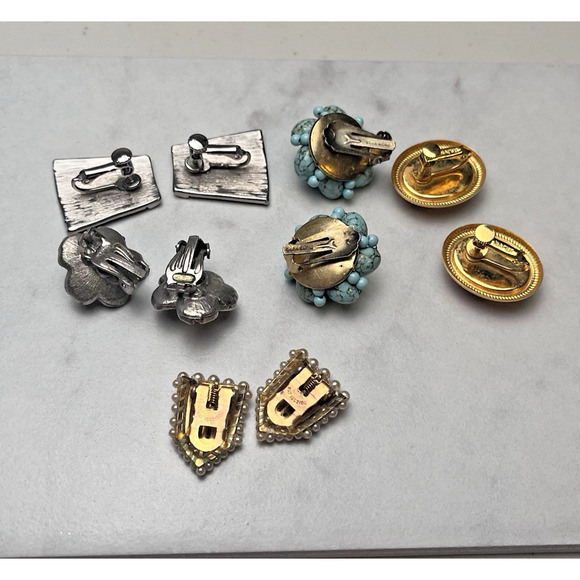 Vintage Clip On Earrings Lot Faux Pearl Beaded Turquoise Red Enamel 5 Pairs - Picture 4 of 6